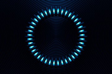3D rendering  round fractal, portal on  blue neon  lights on black isolated background