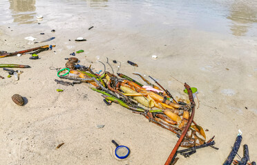 Plastic trash stranded washed up garbage pollution on beach Brazil.
