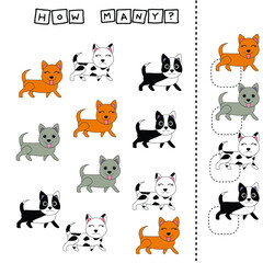How many counting game with funny animals dogs. Preschool worksheet, kids activity sheet, printable worksheet