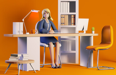 3D rendering illustration. Happy successful business woman working in his office by the desk. Office working environment. Busy businessman working in office