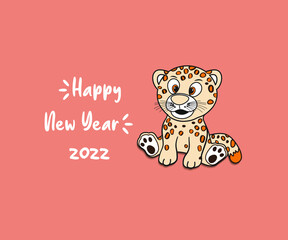 A vector, illustration of a young leopard tiger, yellow-orange with black dot pattern, sitting on pastel orange background with text happy new year 2022