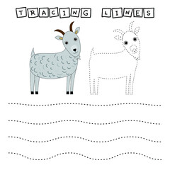 Tracing lines game with funny goats. Worksheet for preschool kids, kids activity sheet, printable worksheet
