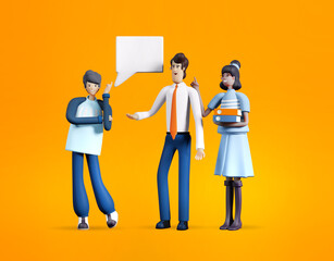 3D rendering illustration of successful business people, bankers holding golden coins. Investment, advisory, help, banking and saving concept