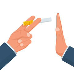 No smoking. Reject cigarette offer. Anti tobacco concept. Cigarette pack in his hand. Hand gesture to reject the proposal smoke. Vector illustration flat design.