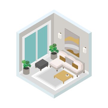 Isometric vector illustration, modern living room design
