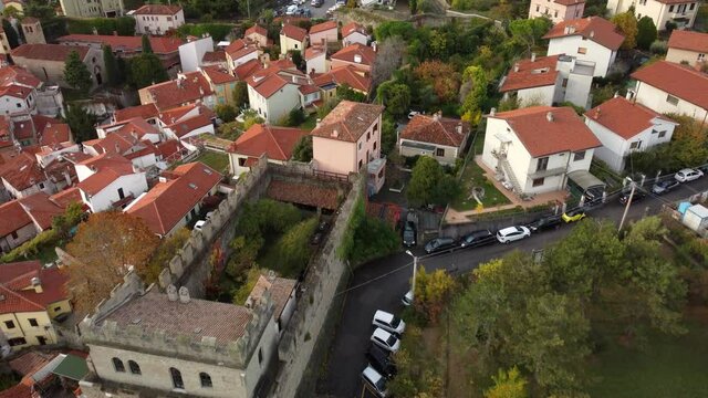 A 4K aerial footage of the Castle of Muggia in Italy