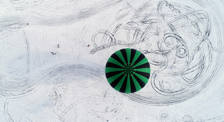 Flying in a hot air balloon in the shape of a watermelon. Lake Baikal