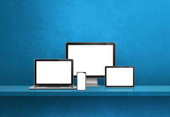 Computer, laptop, mobile phone and digital tablet pc. blue shelf banner