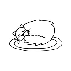 Cute tired cat is sleeping on the rug, curled up. Doodle style. A symbol of comfort. A sleepy adorable kitten lying on the carpet. A peaceful funny animal drawn in the style of doodles.
