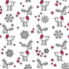 Vector seamless pattern with christmas reindeers. Winter background illustration with snowflakes and deers for holiday textile, tablecloth, napkins and wrapping paper