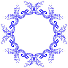  A symmetrical pattern of abstract shapes creates an ornament around a colorful flower. Ornament on a white background