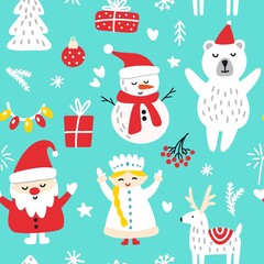 Vector illustration of Santa Claus and snow maiden with a snowman and gifts.