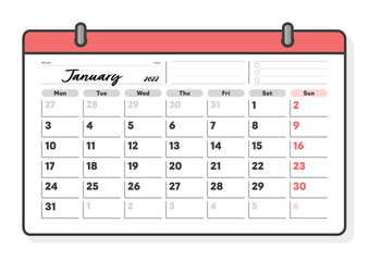 2022年1月のカレンダー：シンプルな月曜始まりのマンスリーカレンダー - フリースペース・to-doリスト付き
