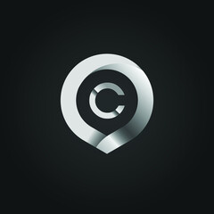 Silver Metallic Circle Letter C Logo Design. 3D Letter C Circle Logo Template.