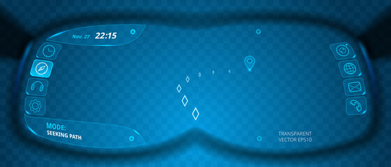 Futuristic view through augmented reality glasses. Wayfinding mode on. Blurred rim of cyber goggles and virtual user interface onscreen. Defocused frame with transparent layer. Blue background