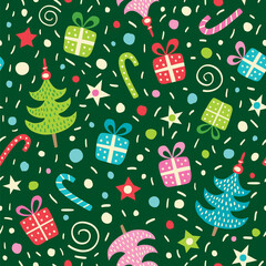 Christmas seamless pattern with gifts, confetti and sweets on a green background.