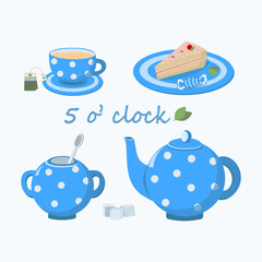 A set of Tea, sweets and tea-drinking utensils. Ceramic teapot, sugar bowl and blue cup and saucer. Vector illustration with isolated background.