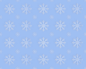 Flat 3D rendered seamless pattern with snowflakes on the light blue background.