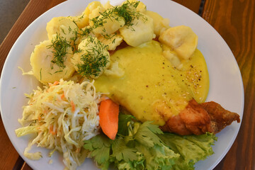 Meat with salad and potatoes