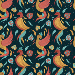 Hand-painted seamless pattern in russian north folk style.