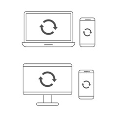 Computer, laptop, smartphone and sync or restart icon line vector design