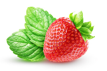 Ripe strawberry berry with two mint leaves isolated on white background.