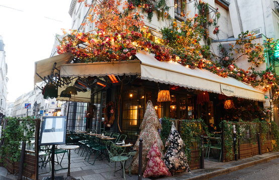 The traditional French cafe Maison sauvage decorated for Christmas 2021 . It located near Saint Germain boulevard in Paris, France.