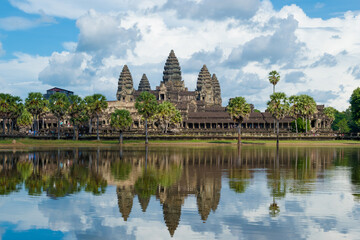 Angkor Wat, Siem Reap, Cambodia - a beautiful view of the most famous Khmer temple in Cambodia, reflected in water