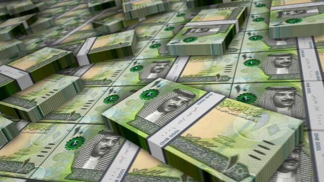 Bahrain Dinar banknote bundle loop. BHD money stacks. Concept of business, economy, banking and finance. Camera over cash packs. Loopable seamless 3d animation.