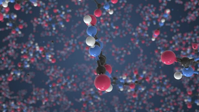 Uric acid molecule made with balls, isolated molecular model. Looping 3D animation or motion background