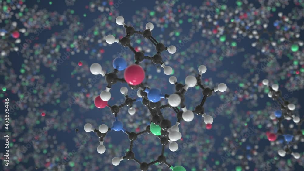 Poster valium molecule made with balls, isolated molecular model. looping 3d animation or motion background
