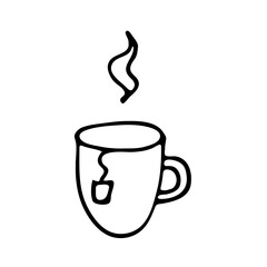 A mug for hot drinks, hand-drawn in the style of a doodle. Drawing of a glass for printing, the Internet, mobile devices and infographics, isolated on a white background.