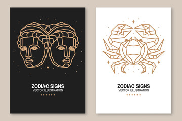 Set of Zodiac astrology horoscope signs gemini and cancer flyer, brochure, banner, poster. Vector illustration. Elegant line art symbol or icon of gemini, cancer esoteric zodiacal horoscope templates