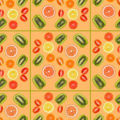 Seamless pattern with slices of orange, lemon, kiwi, grapefruit on an orange background