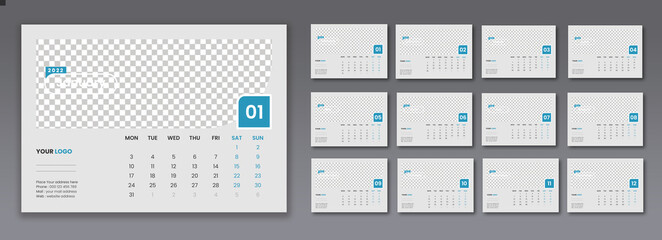 New year 2022 calendar planner set vector template design for stationery business. Week starts on Monday.