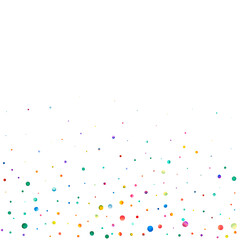 Watercolor confetti on white background. Actual rainbow colored dots. Happy celebration square colorful bright card. Shapely hand painted confetti.