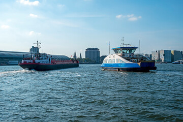 Harbor from Amsterdam with the ferry on the IJ in the Netherlands