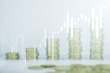 Multi exposure of virtual abstract financial diagram on growing coins stacks background, banking and accounting concept