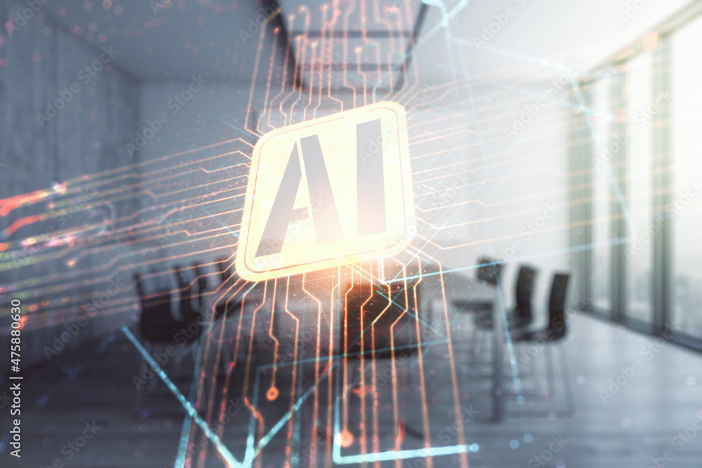 Poster Double exposure of creative artificial Intelligence icon on a modern meeting room background. Neural networks and machine learning concept