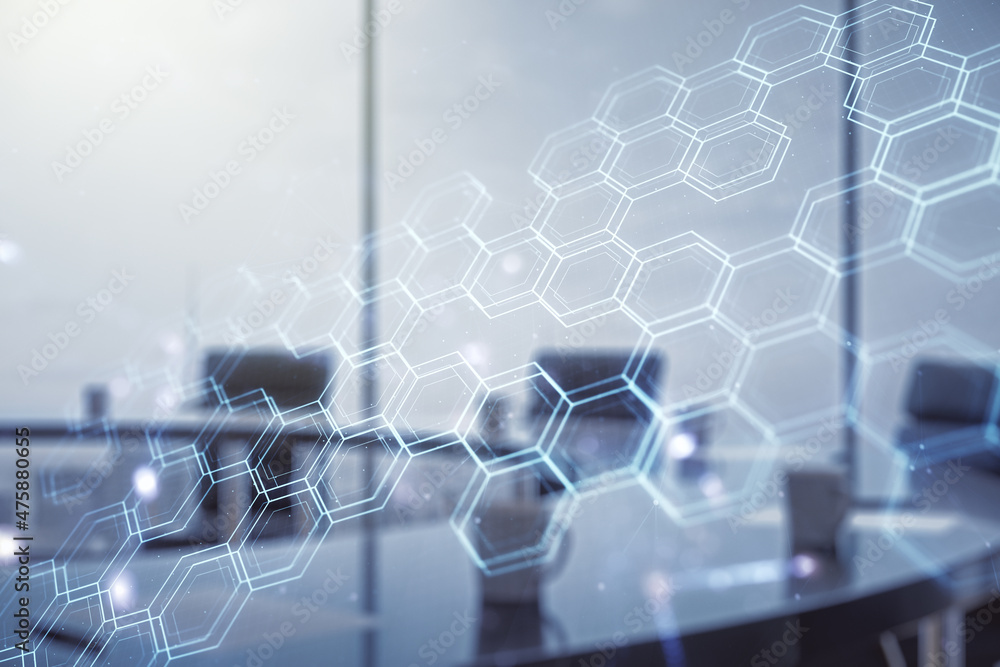 Aufkleber abstract virtual technology sketch with hexagon grid on a modern boardroom background, future techno