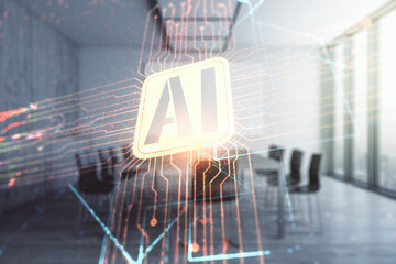 Double exposure of creative artificial Intelligence icon on a modern meeting room background....