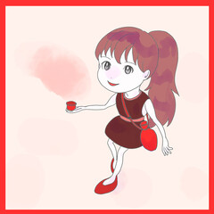 赤い器を右手で差し出しているノースリーブでポニーテールの少女