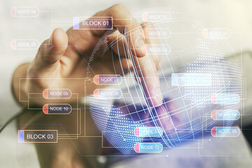 Double exposure of abstract programming language hologram with world map and finger clicks on a digital tablet on background, research and development concept