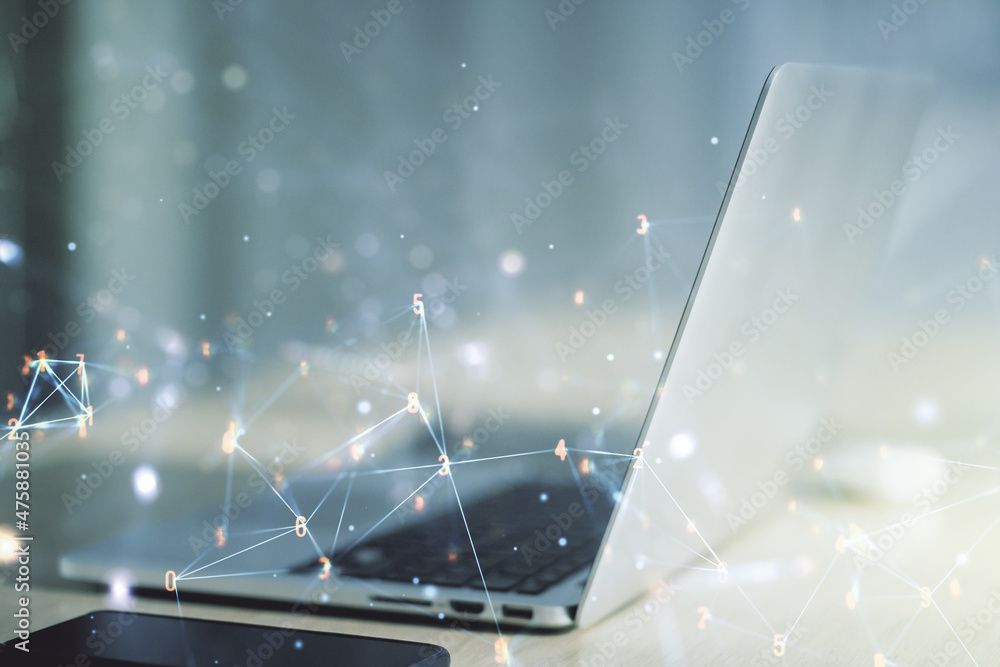 Poster creative abstract wireless technology hologram on modern computer background, artificial intelligenc