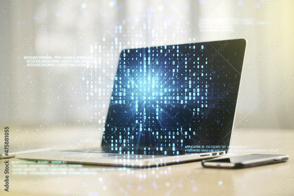 Leinwandbilder creative code skull hologram on modern computer background, cybercrime and hacking concept. multiexp