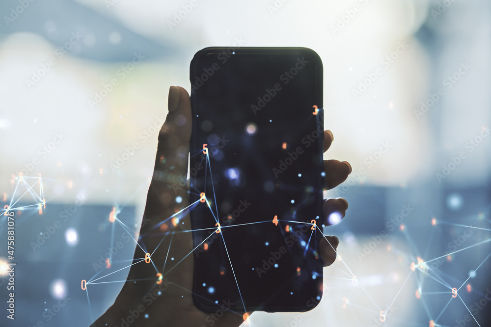 Aufkleber Creative concept of wireless technology and hand with phone on background. Big data and database concept. Multiexposure