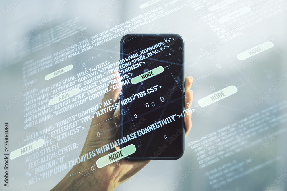 Fototapete multi exposure of abstract software development hologram and hand with cell phone on background, res