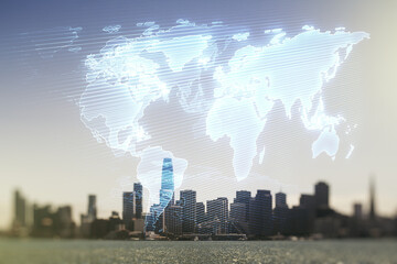 Multi exposure of abstract graphic world map on San Francisco cityscape background, big data and networking concept