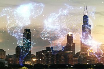 Multi exposure of abstract graphic world map hologram on Chicago office buildings background, connection and communication concept