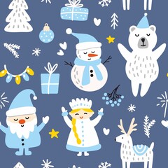 Vector illustration of Santa Claus and snow maiden with a snowman and gifts.